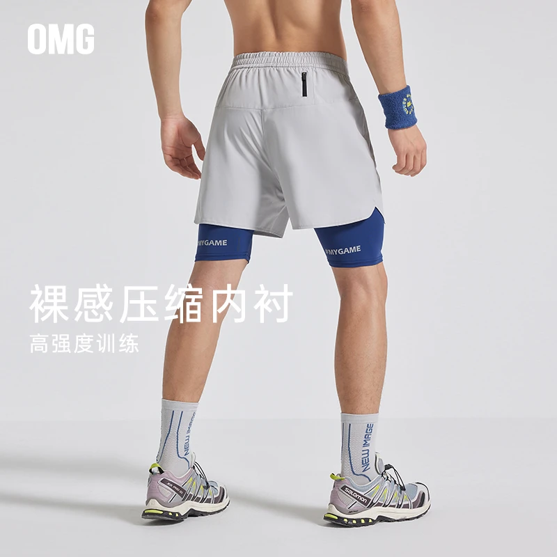 OMG运动健身短裤男士印花假两件训练裤夏季跑步高弹力四分裤2666