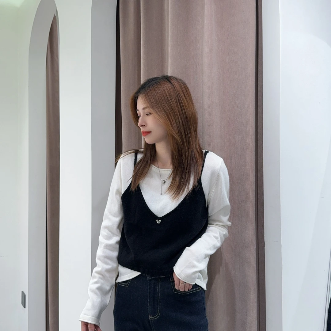 萱萱【针织假两件】新款韩版叠穿风针织上衣51034 092003