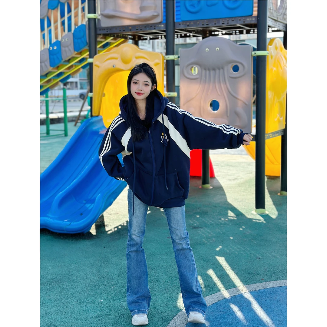 新款加绒加厚拉链衫连帽卫衣学院风外套女秋冬宽松百搭长袖上衣潮