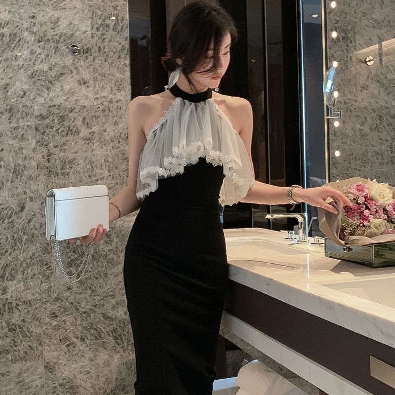 Q夏季新款女装网纱荷叶边修身显瘦黑色连衣裙1772