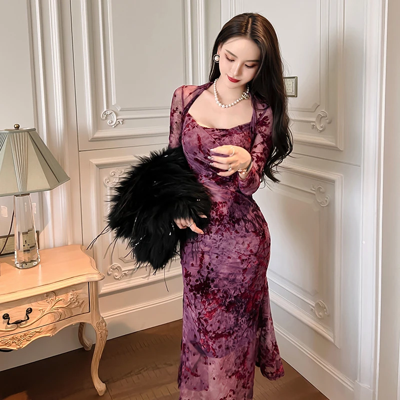 设计师新款法式方领设计感梅花织绒网纱修身鱼尾连衣裙30010