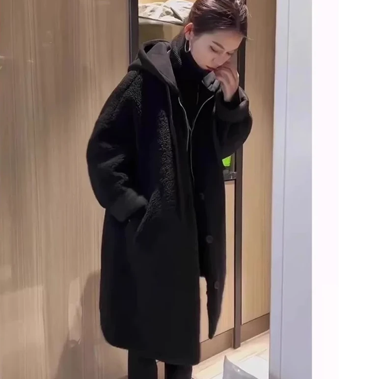 冬季女装加厚羊羔绒长款连帽外套
