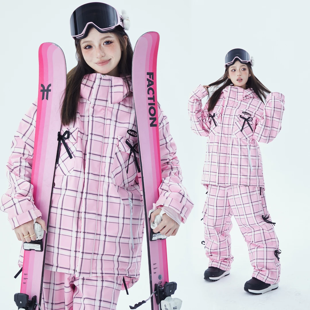 MMXXi新款蝴蝶结粉格子双板防水滑雪服套装女防风滑雪裤加厚可爱