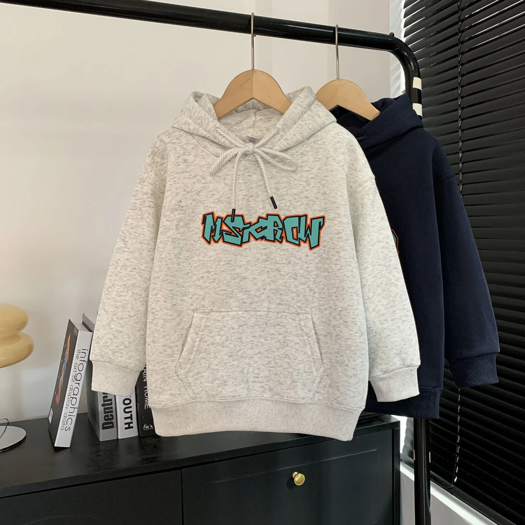 男童加绒连帽卫衣2024新款中大童韩版男孩帅气字母上衣