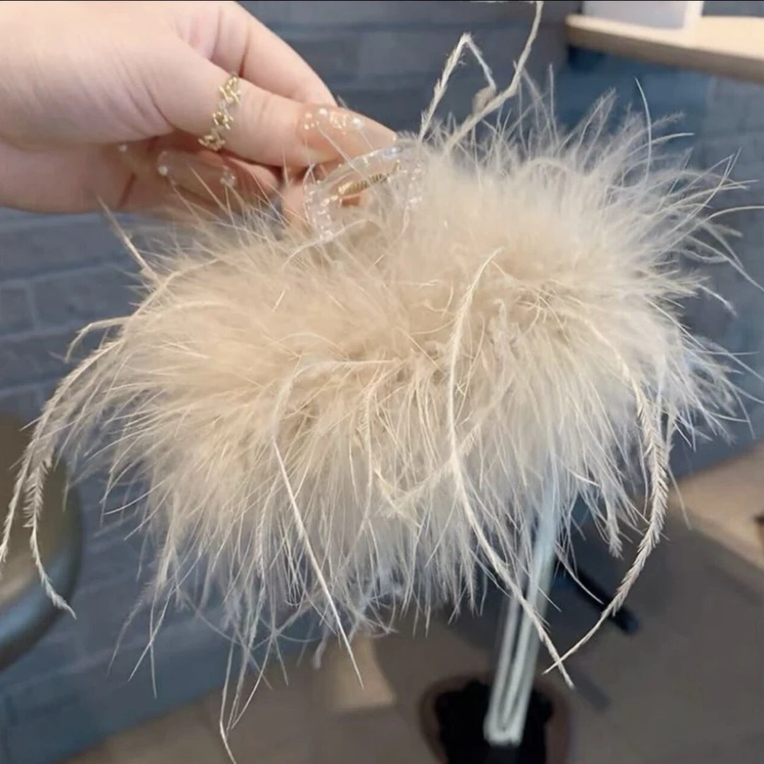 鸵鸟羽毛发夹女后脑勺小号大号抓夹高级感毛毛鲨鱼夹子鸡窝头饰