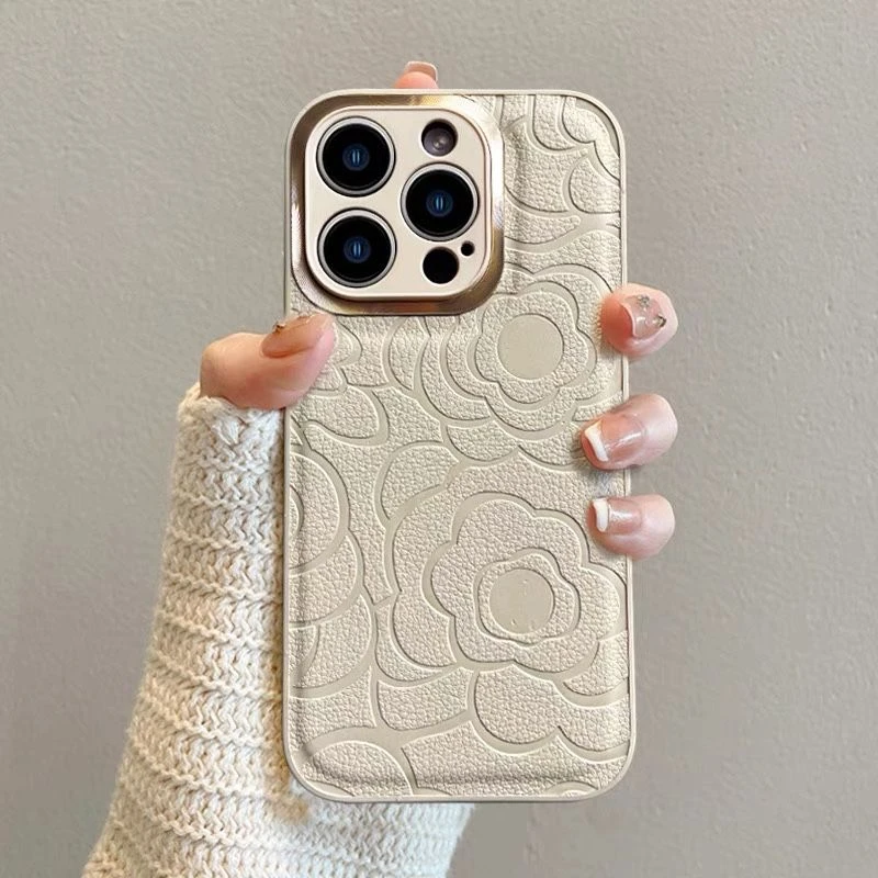 网红同款皮质山茶花金属镜头14PROMAX手机壳防摔高级女轻奢保护壳