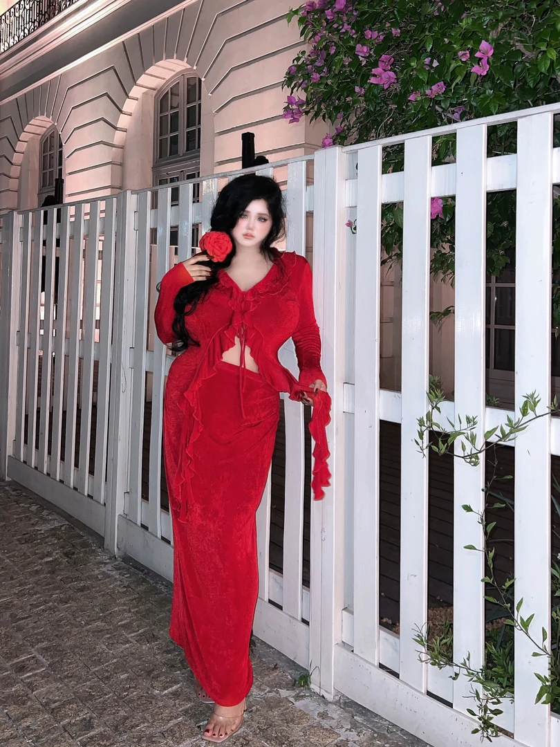 LY大码•春夏度假欧美系带荷叶边短款上衣外套半长裙修身两件套