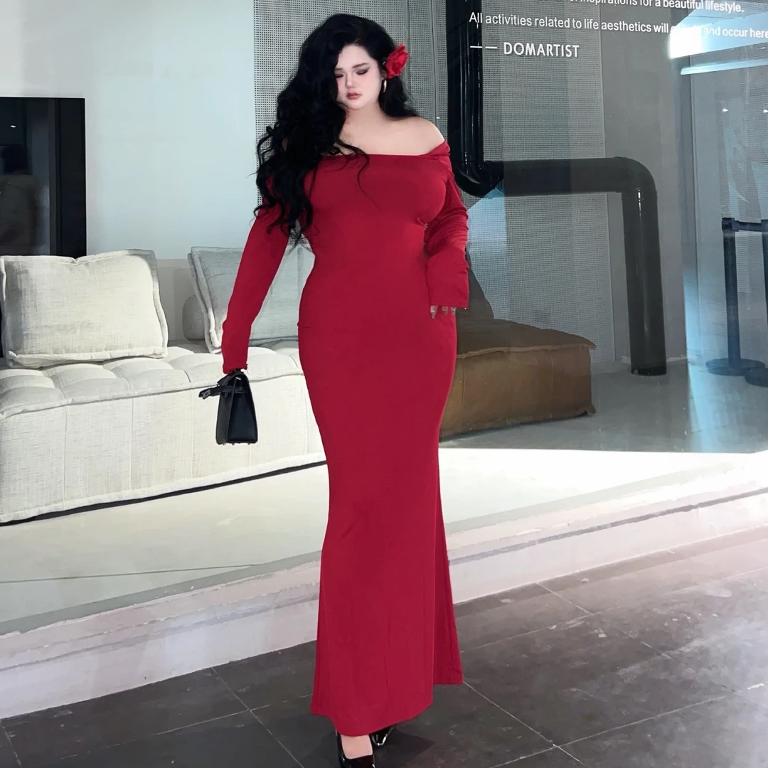 LY大码【现货】早秋欧美卡戴珊ins性感风修身方领长袖开衩连衣裙