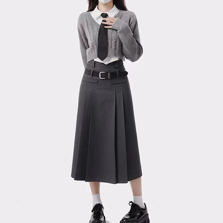 画解WAHJUIS 中城高校 灰色半身裙女春秋高腰百搭长裙a字百褶裙子