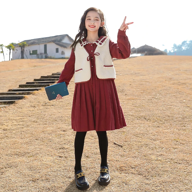 女童春装连衣裙套装2023新款中大童红色洋气裙子春秋衣服21672