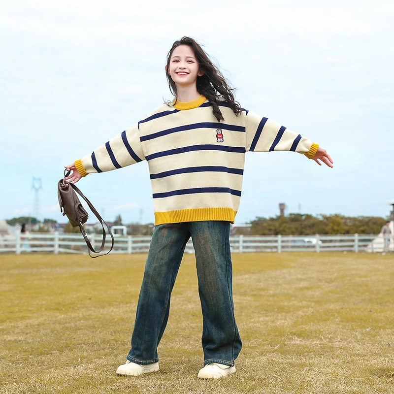 女童秋冬毛衣儿童针织条纹套头圆领上衣23756长袖时尚休闲