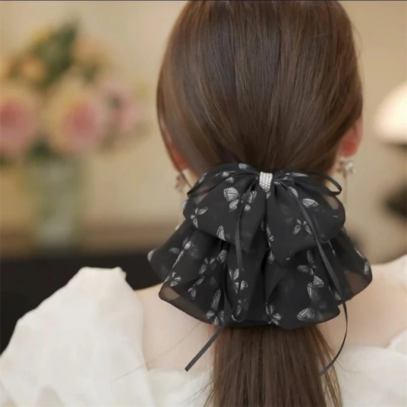 气质雪纺抓夹女国风印花蝴蝶马尾夹2024新款高级感鲨鱼夹发夹发饰