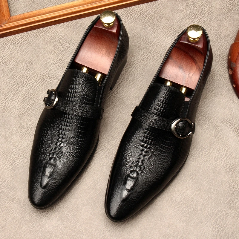 OMDE新款鳄鱼压花纹鞋头男士皮鞋英伦尖头搭扣商务时尚孟克鞋男