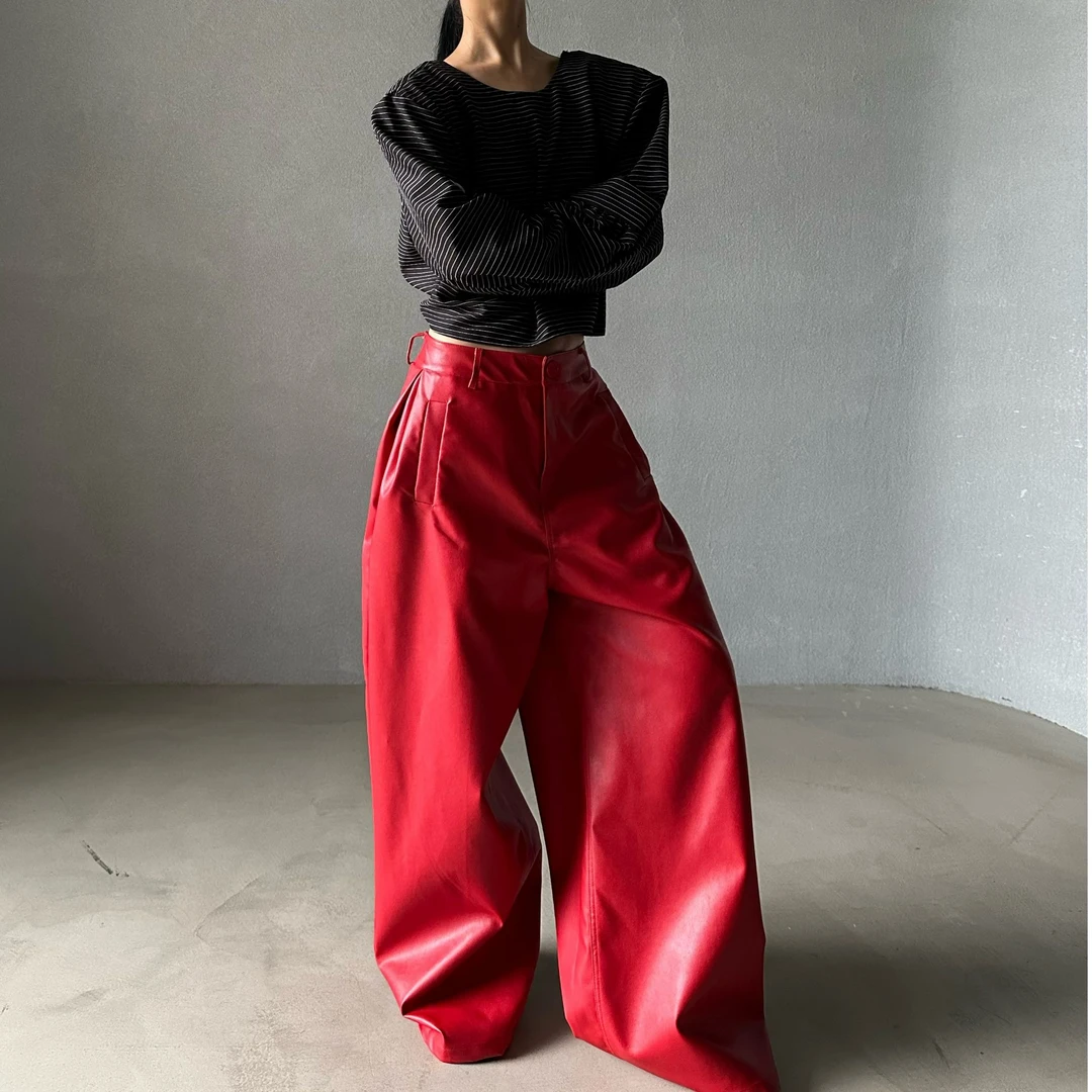 18917#（定制福利款NO退NO换）欧美风廓型PU拖地裤