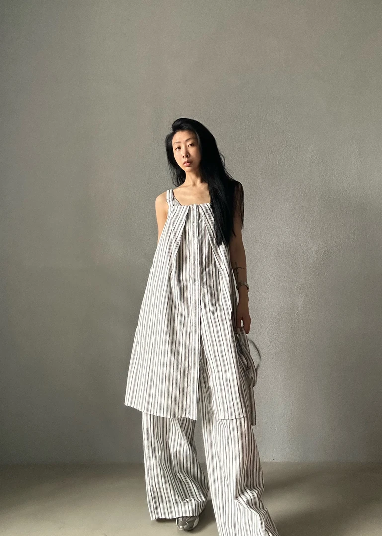 VIVISPLENDID18783#（福利款NO退换）经典欧美减龄韩系条纹衬衫套装