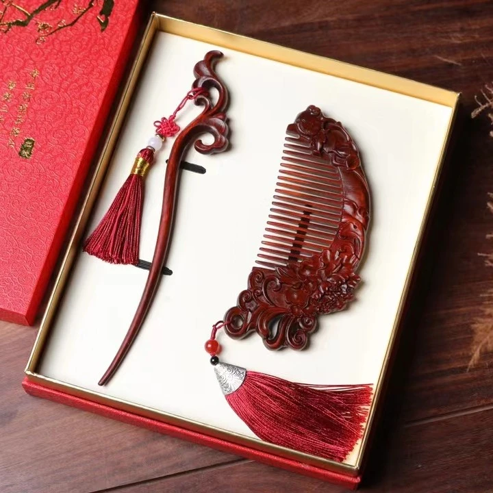 情人节结婚礼物紫檀木梳子发簪送女友国风家用婚庆情侣中国风无柄