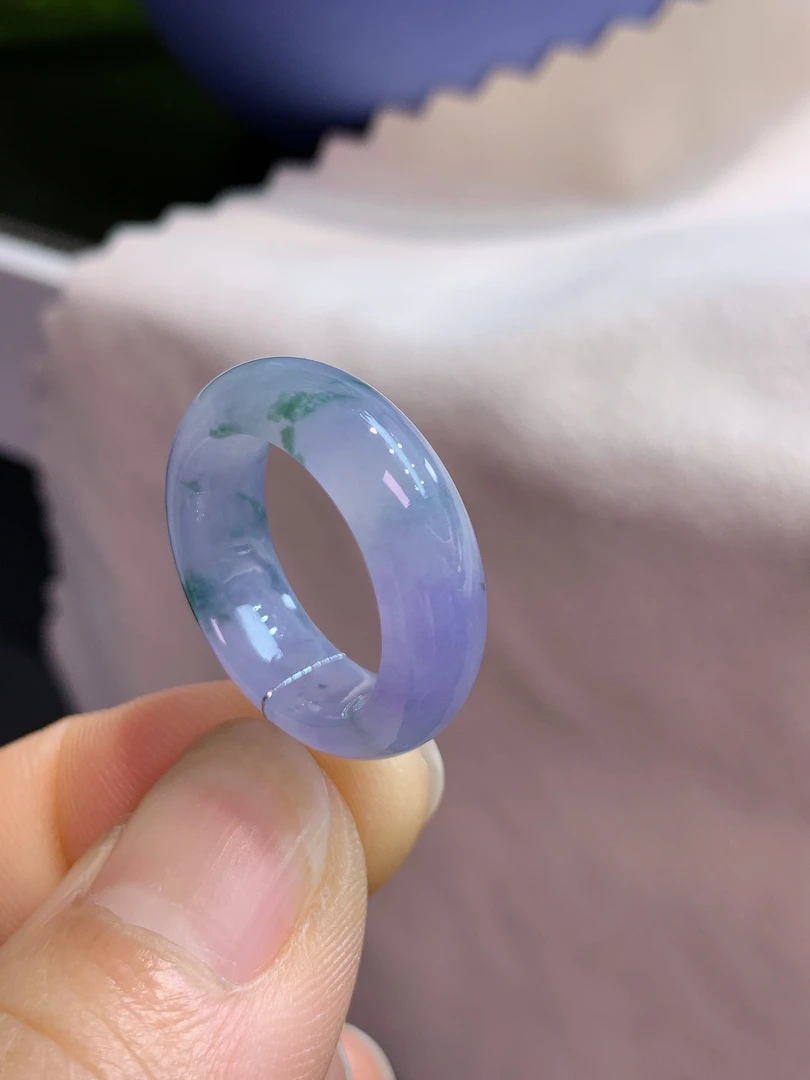 圈口11缅甸天然A货翡翠冰种起胶紫罗兰飘花莫奈花园系列素面戒指