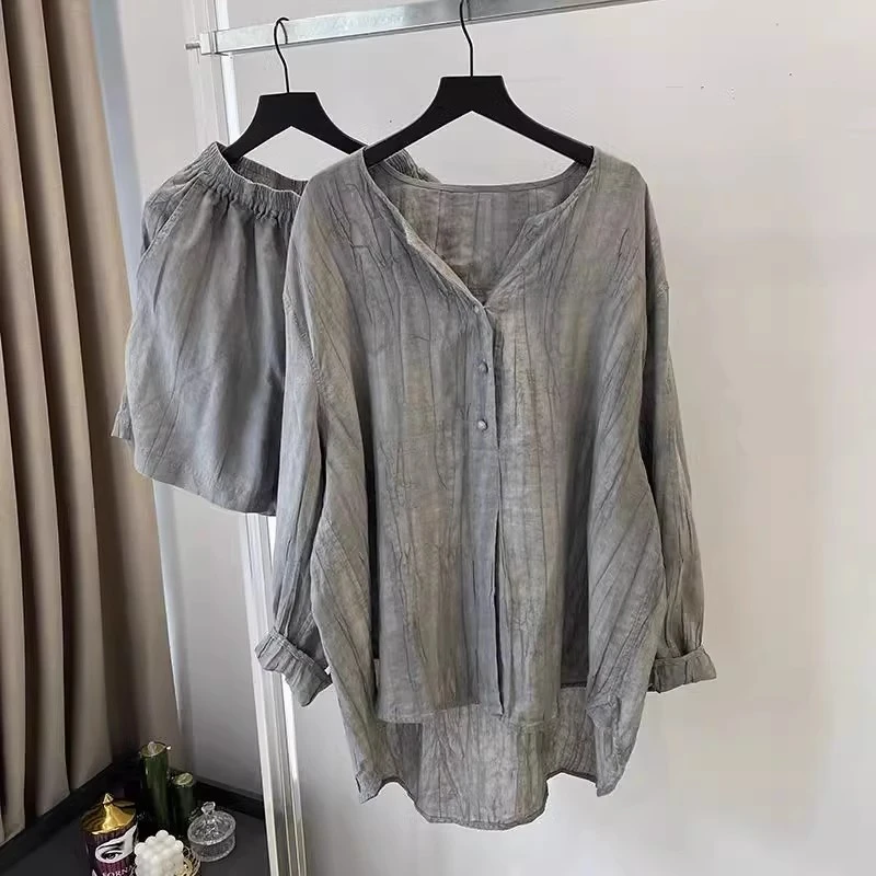 特大码300斤高级感复古棉麻套装衬衫夏季宽松设计感男女两件套潮