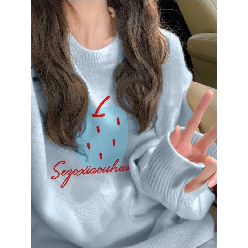 温柔风奶fufu针织毛衣大码300斤宽松百搭秋冬趣味印花圆领上衣潮