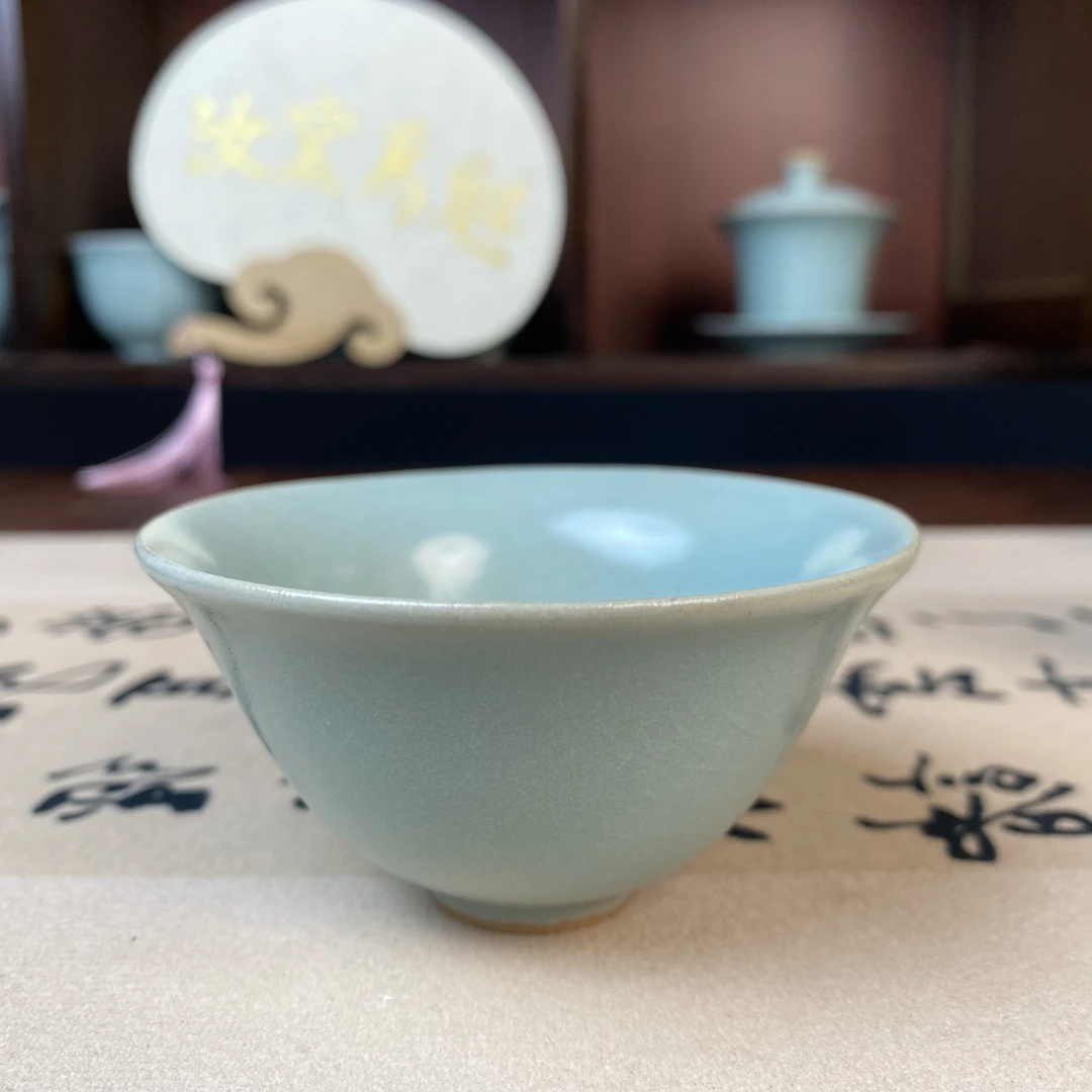 原矿玛瑙入釉天青色品茗杯汝窑小茶碗开片瑕品