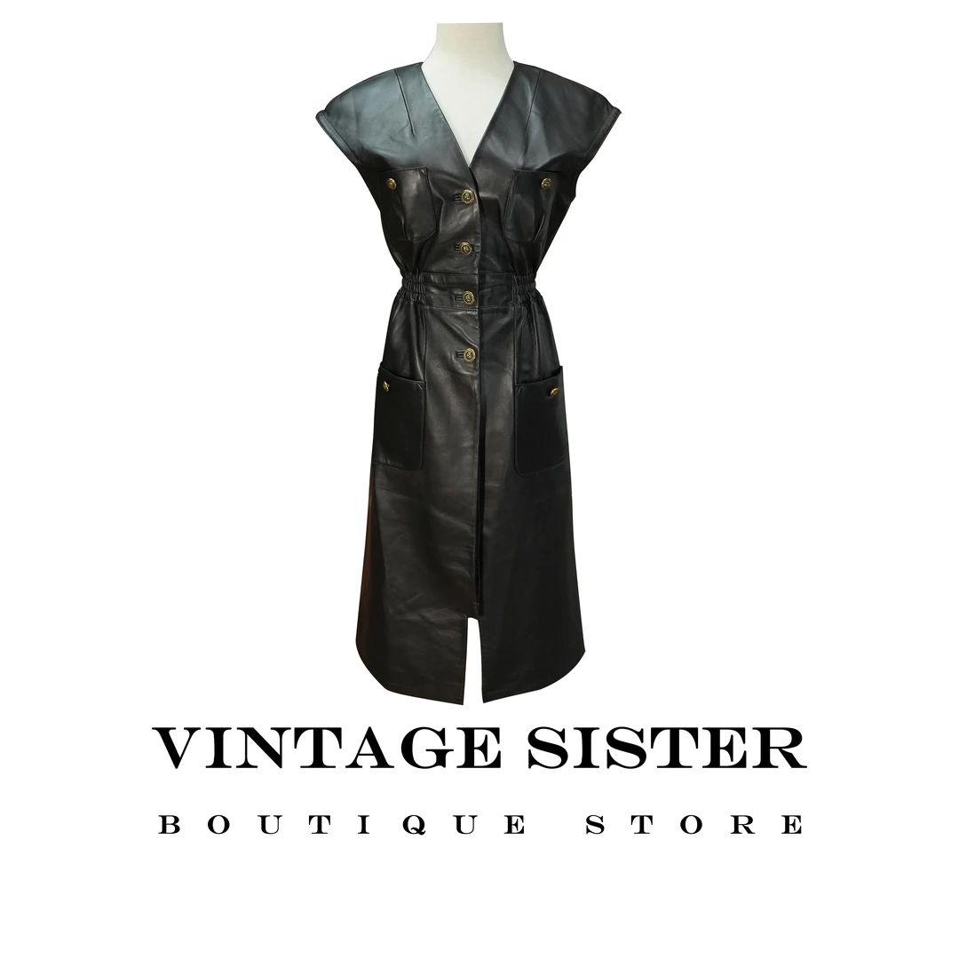 VINTAGE SISTER巴曼黑色皮连衣裙时尚女无袖收腰长款秋冬时装7050