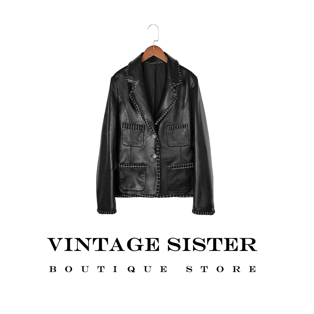 VINTAGE SISTER 7359【VTGSIS 推荐】粗花呢手工坊黑色皮衣穿搭气质