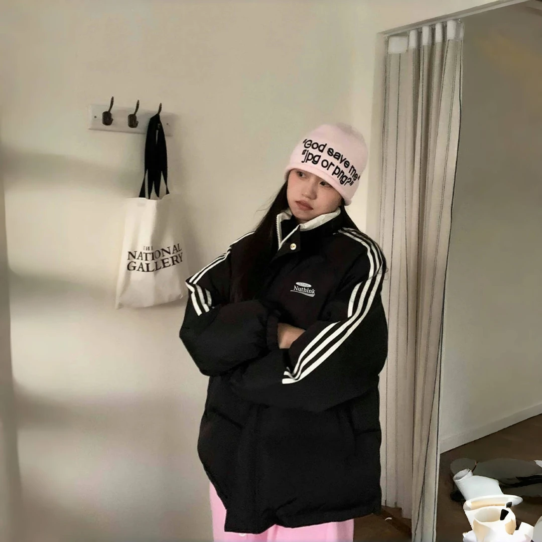 绒绒拿铁 / 韩版三杠拼色棉服外套7284花契200斤胖mm冬季休闲时尚