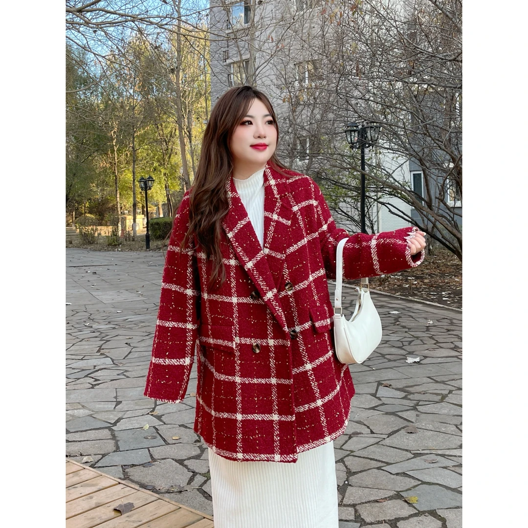 德鲁女王 / 通勤粗纺格子毛呢外套12039花契200斤胖mm冬季简约
