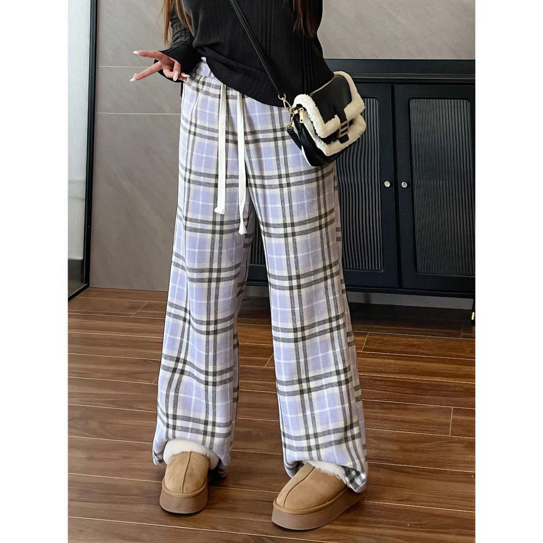 韩漫休闲 / 周日宅家松弛毛呢格子裤8024花契200斤胖mm简约洋气