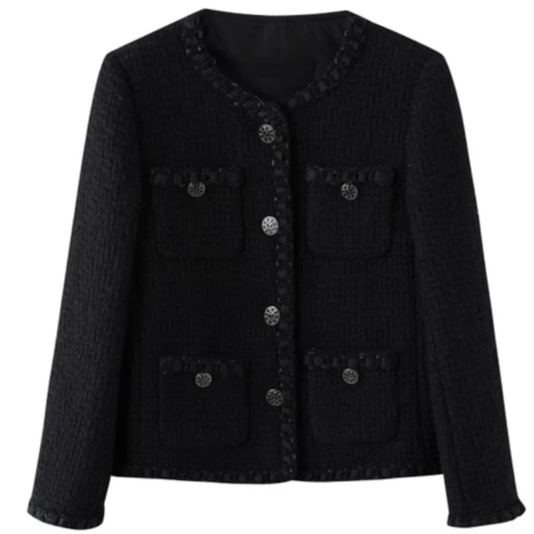 长袖黑色秋季轻奢名媛百搭时尚罗马款外套复古短款呢大衣