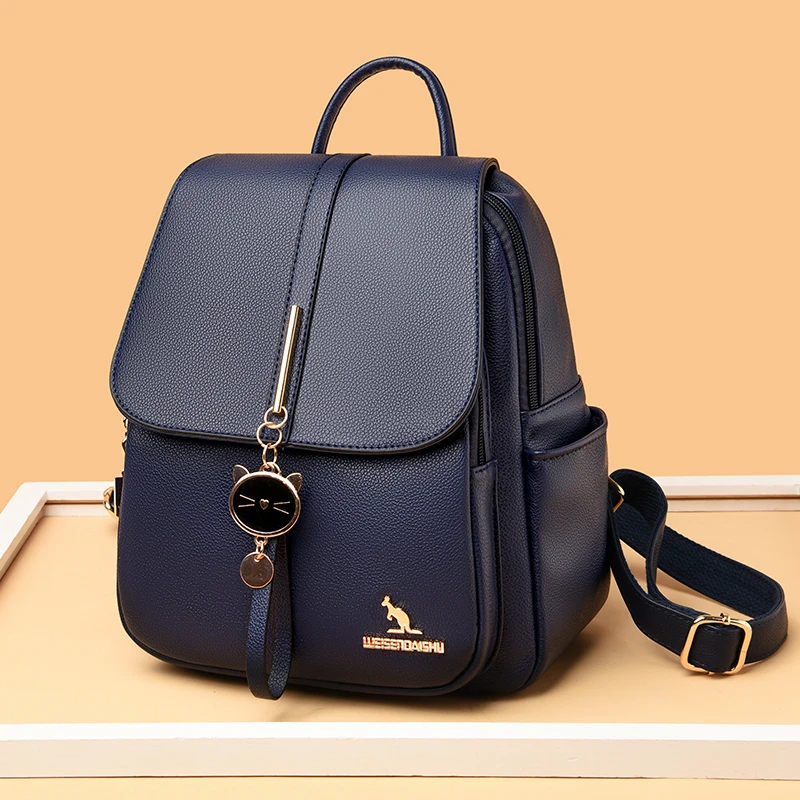 专柜正品皮质双肩包女2024新款时尚休闲百搭多功能轻便学生背包