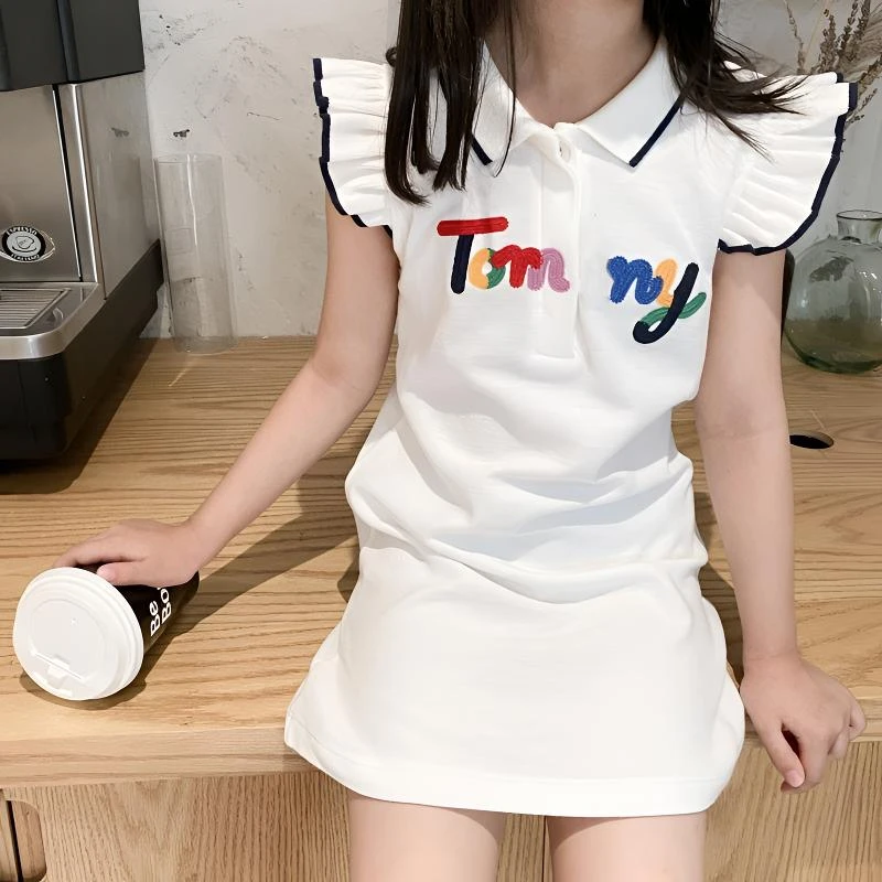 女童短袖洋气学院POLO白色休闲裙子中大童翻领女童夏季珠地棉裙子