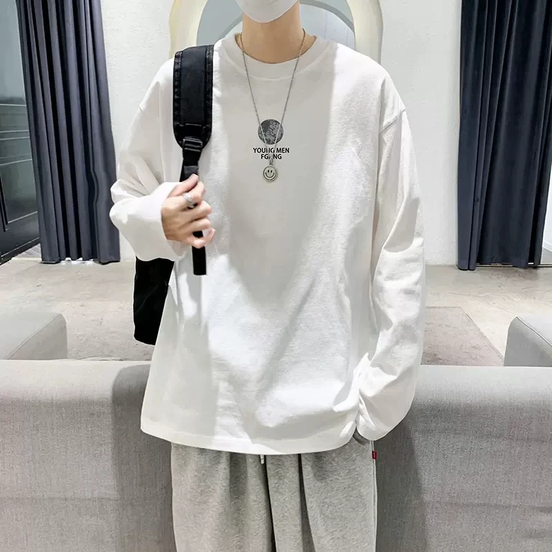 长袖t恤男青少年白色纯棉秋季打底衫港风圆领宽松简约印花上衣潮