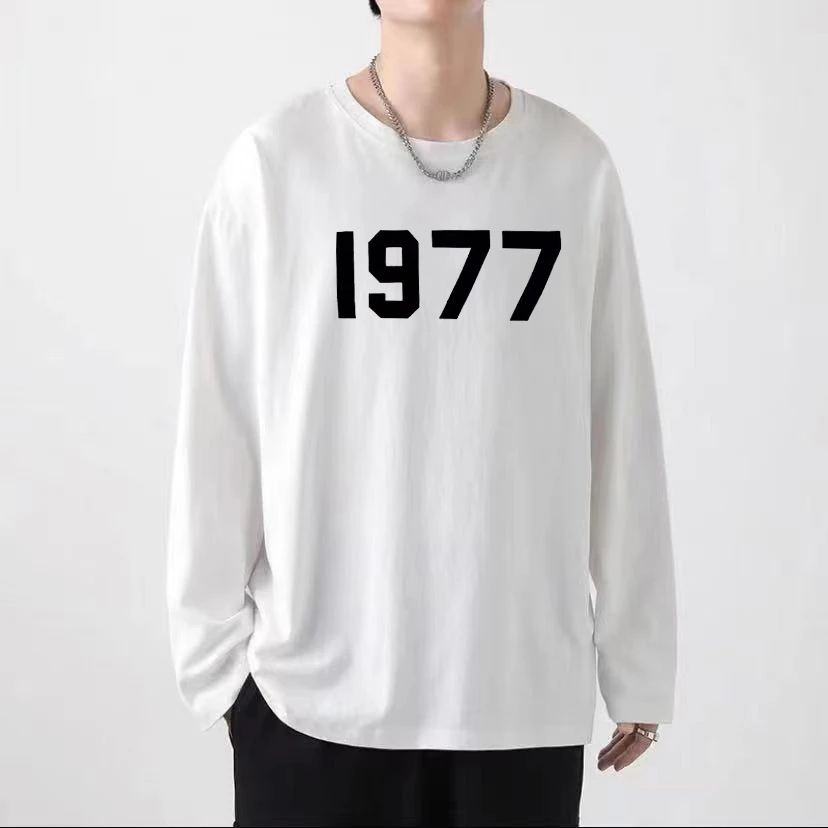 秋冬长袖t恤男纯棉1977休闲宽松内搭白色新款潮流男士打底衫上衣