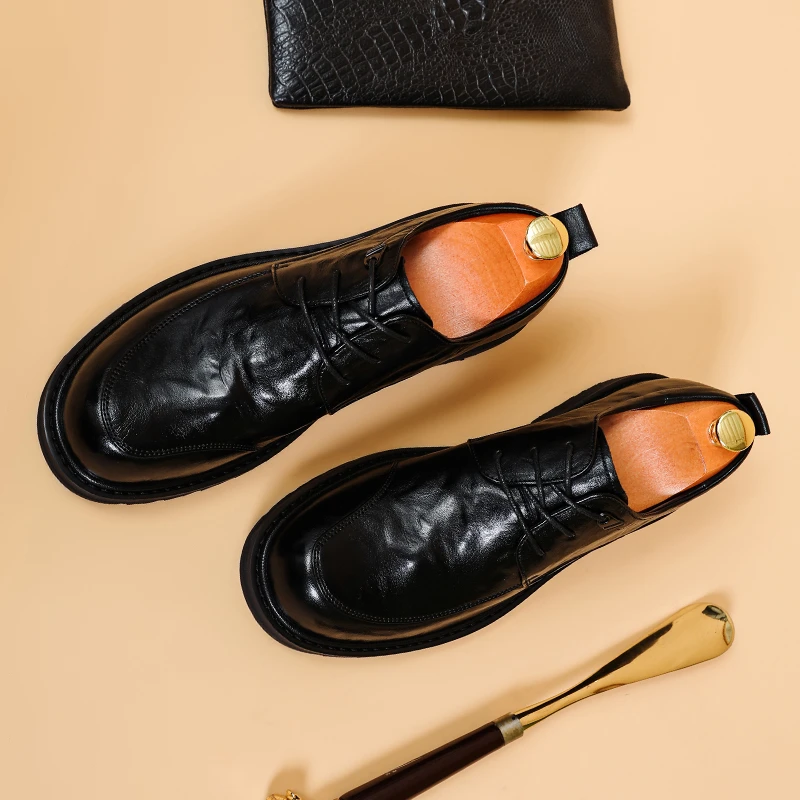 头层牛皮男士商务正装皮鞋2023百搭系带轻便大头软牛皮德比鞋时尚