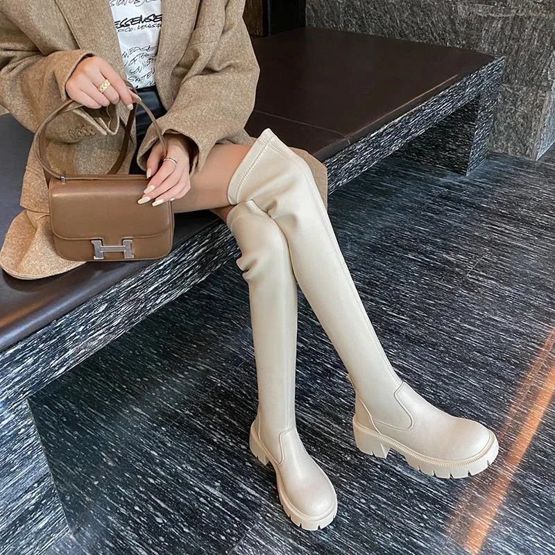 高档白色厚底增高过膝长靴女显瘦弹力瘦瘦靴百搭长筒靴圆头高跟骑