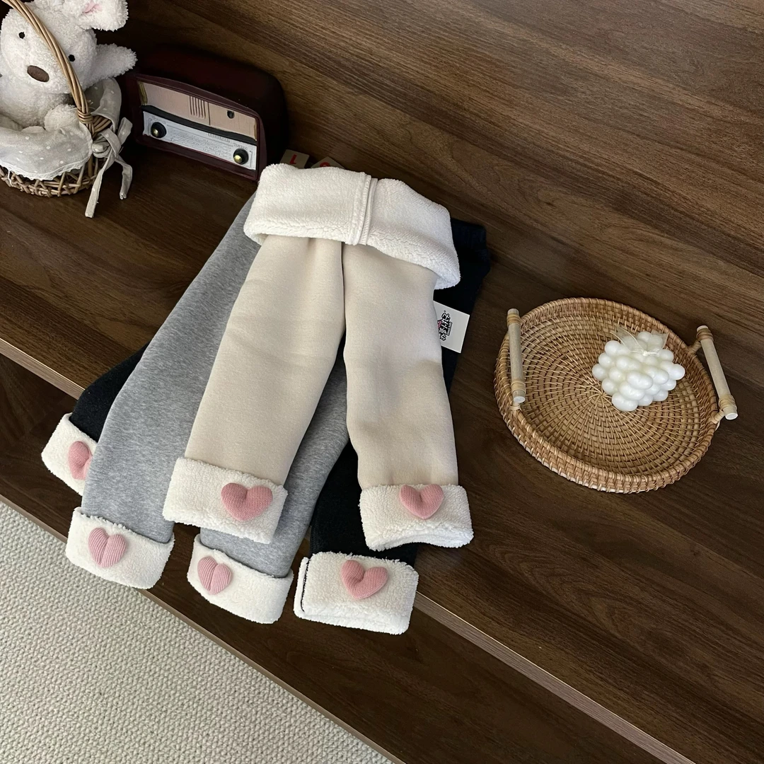 女童爱心加绒打底裤洋气冬装新款女宝宝一体绒保暖外穿长裤子加厚