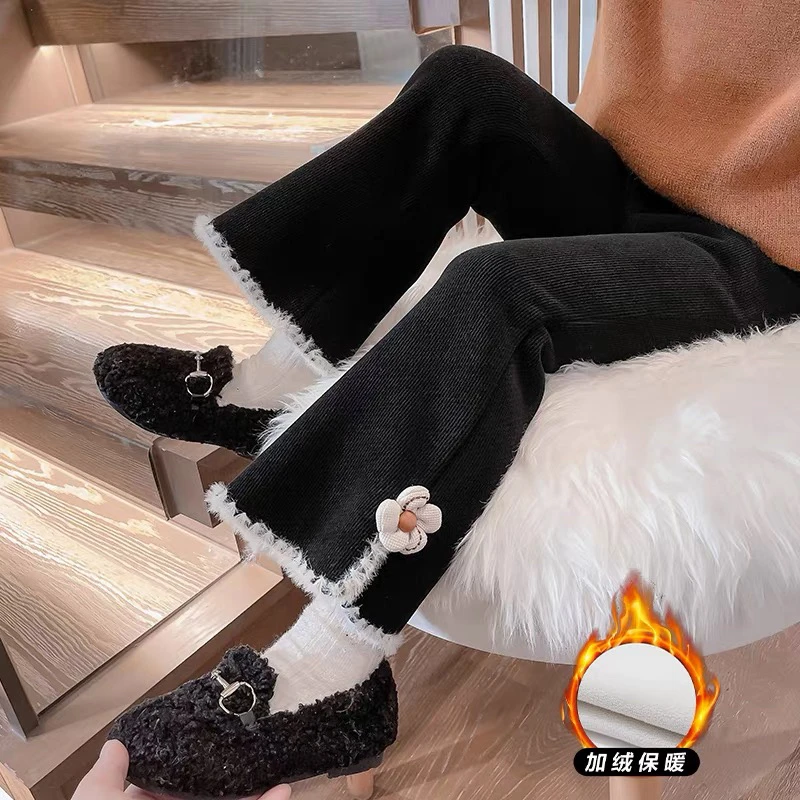 女童加绒裤子2025新款秋冬季洋气儿童装宝宝冬季网红一体绒喇叭裤