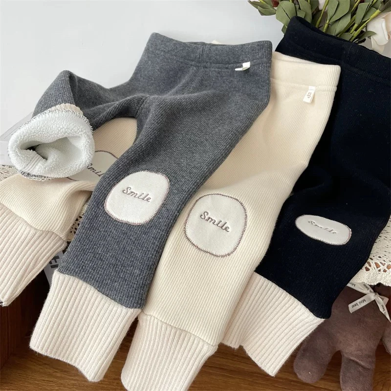 女童秋冬百搭修身裤子宝宝儿童smile贴布螺纹拼接一体绒打底裤女