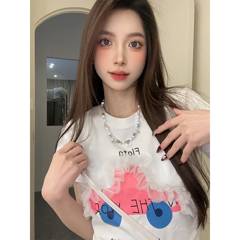 蕾丝花边立体装饰短袖T恤女重工艺款美式收腰休闲上衣0117