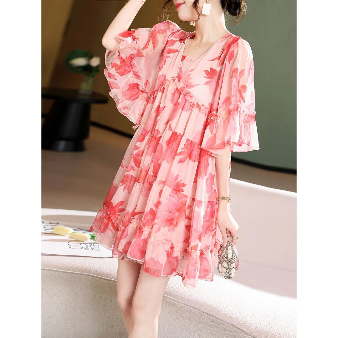 2009夏季新品宽松遮肉大码女装高级感气质时尚名媛风碎花连衣裙女