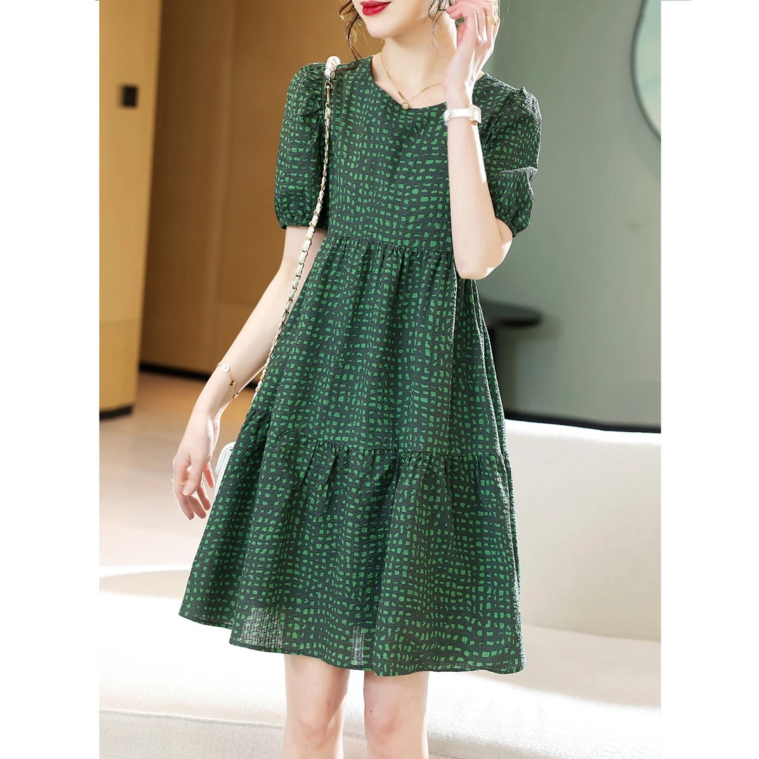 TRL0195春夏新品宽松腰遮肉显瘦大码抽象印花圆领气质显瘦娃娃裙