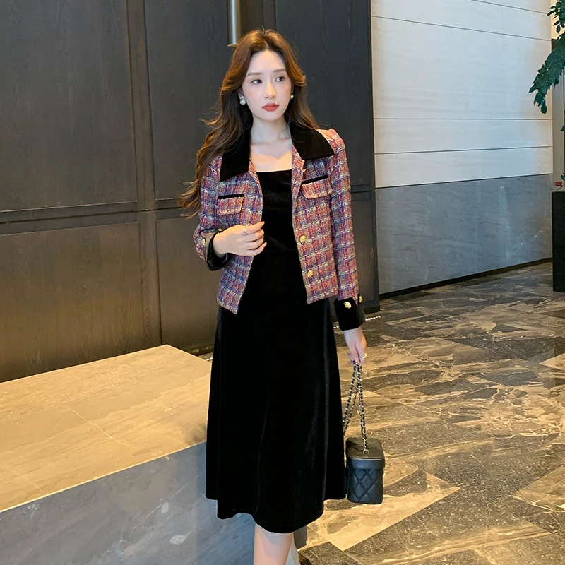 【SZ】2025秋冬新款大码女装名媛小香风套装胖妹妹外套吊带裙两件套