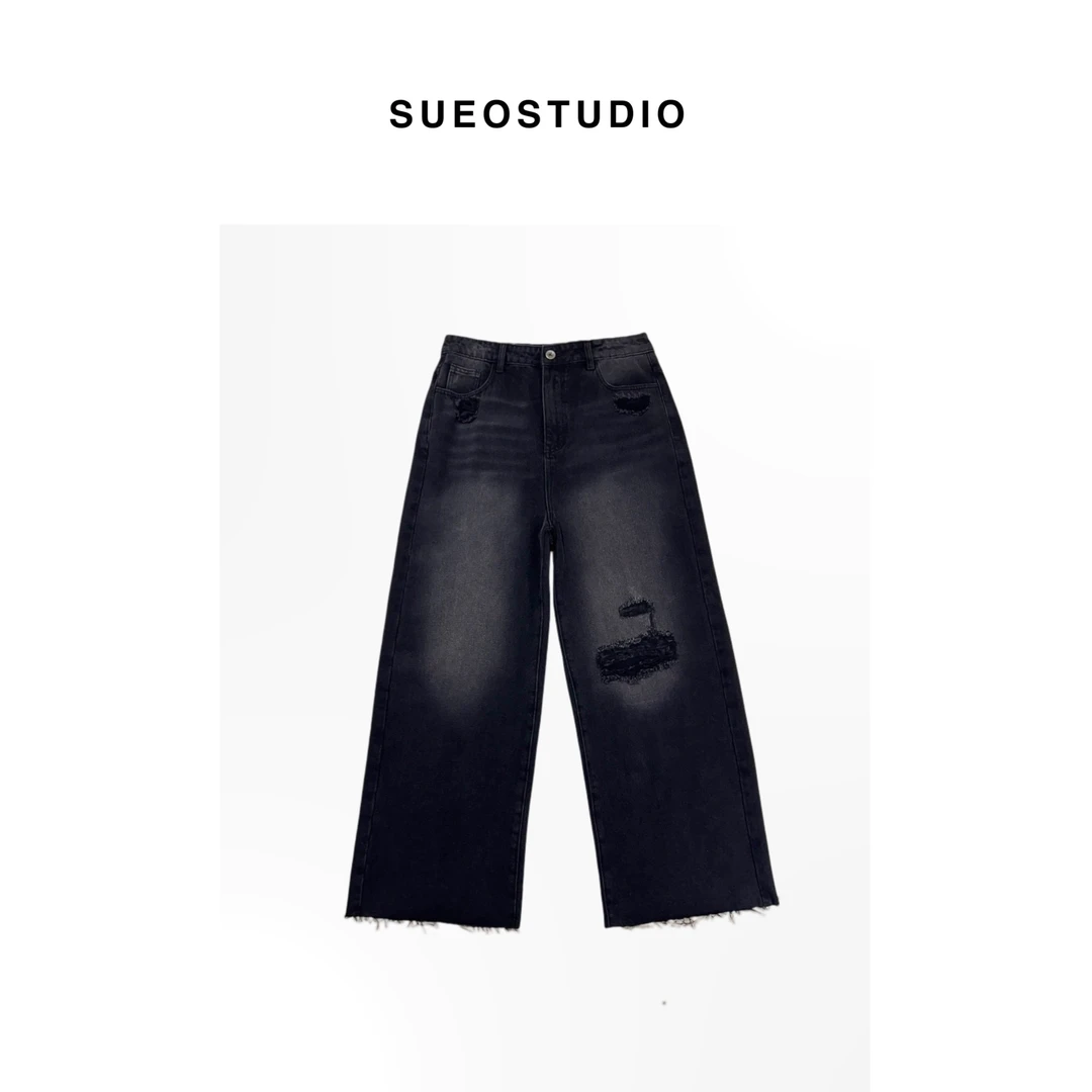SUEO 【破坏黑牛】巴里巴气 复古高盎司 破洞切割无弹廓形牛仔裤