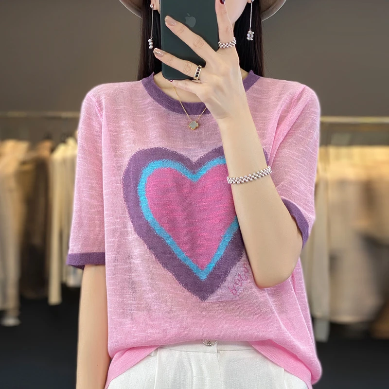 爱心拼色薄款针织衫短袖T恤女2023夏季新款韩版宽松百搭减龄上衣
