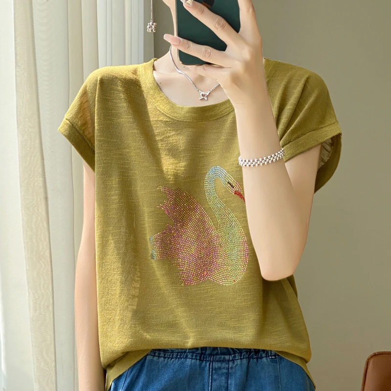 天鹅烫钻短袖t恤女装夏季新款大码复古冰丝针织小衫别致薄款上衣