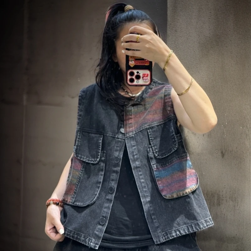 2024 YL依恋家秋季新款做旧炒色拼条老布牛仔马甲