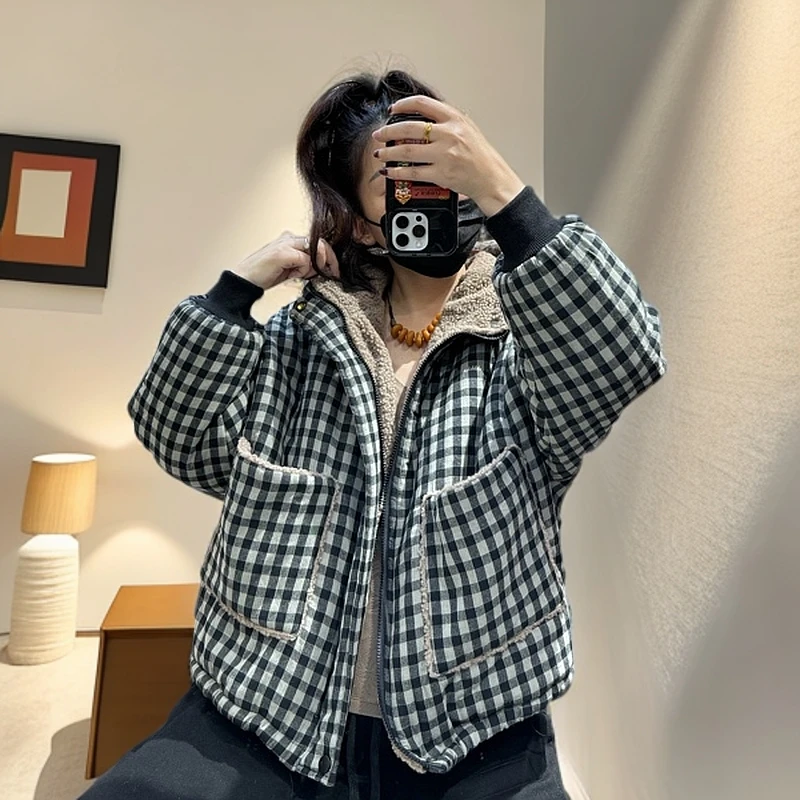 2024新款双面穿连帽加棉加绒加厚格子保暖短外套
