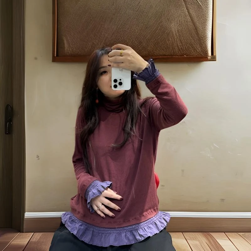 2024 YＬ炒色做旧加绒针织高领套头花边打底绒衫（单件）