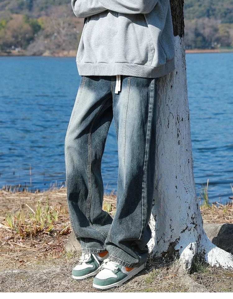拼接水洗做旧牛仔裤男美式高街春秋潮流宽松休闲百搭直筒裤子